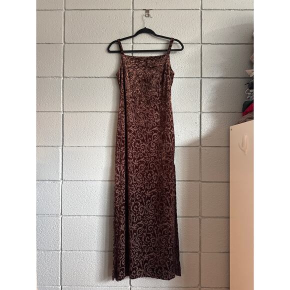Vintage Y2K Women's Velvet Burnout Gothic Glam Cocoa Split Hem Maxi Dress size S - Picture 1 of 4